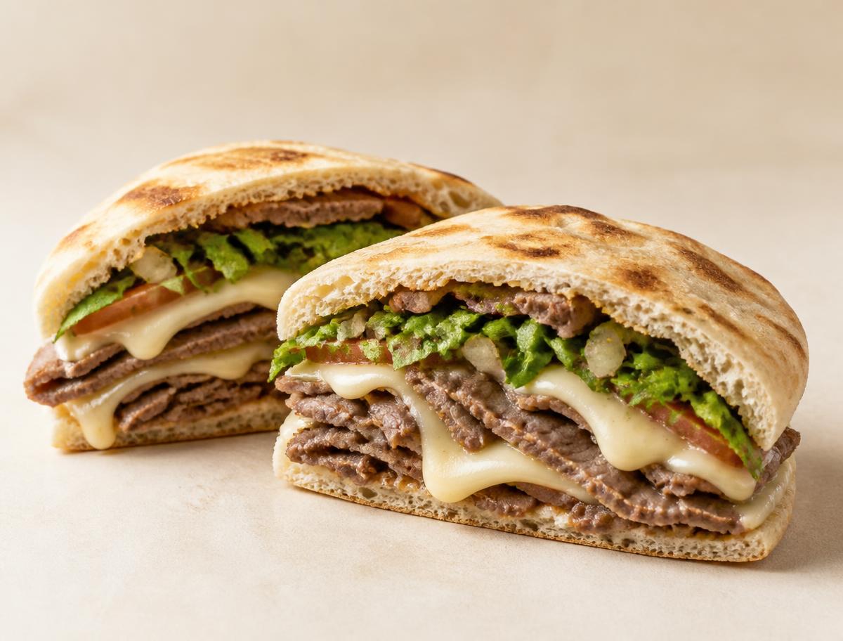 Beirute no pão sírio cortado ao meio, com carne e queijo