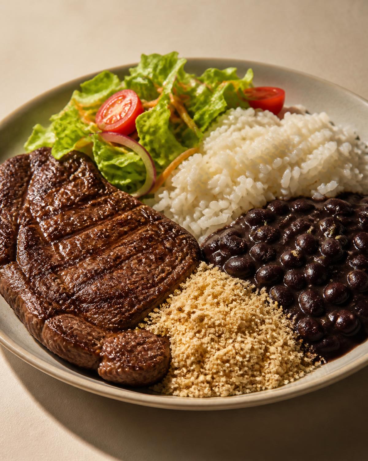 Prato de refeição completa com carne grelhada, arroz, feijão, farofa e salada