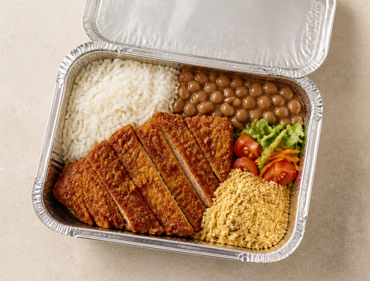 Marmitex montado com arroz, feijão, carne e acompanhamentos