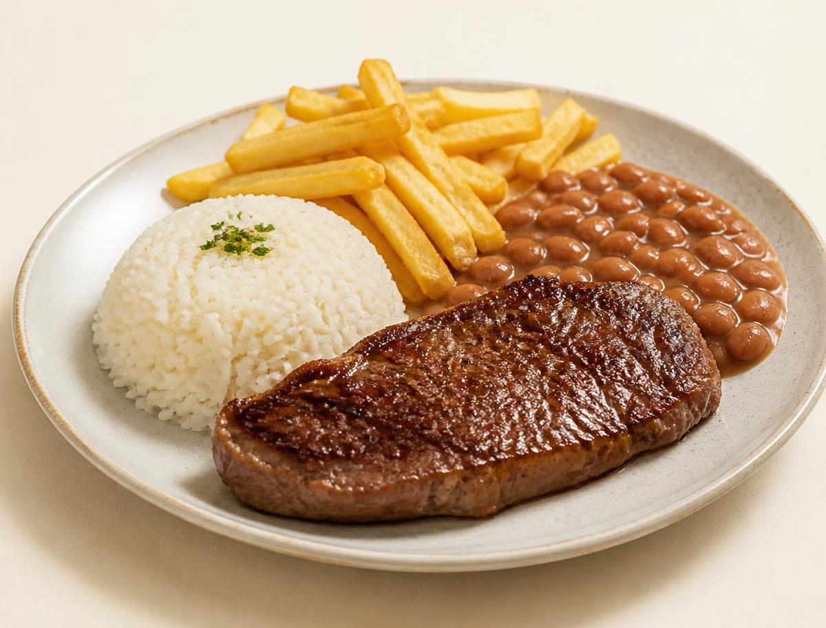Prato executivo com bife, arroz, feijão e batata frita